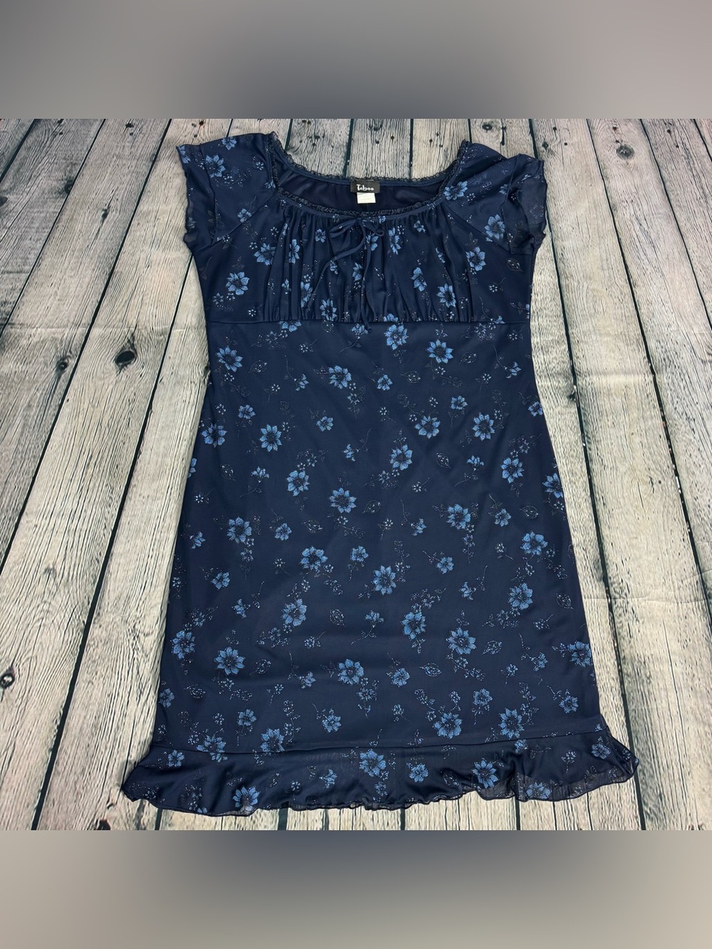Taboo Vtg Y2K Navy Glitter Floral Cap-Sleeve Ruffle Hem Milkmaid Dress Size 2X